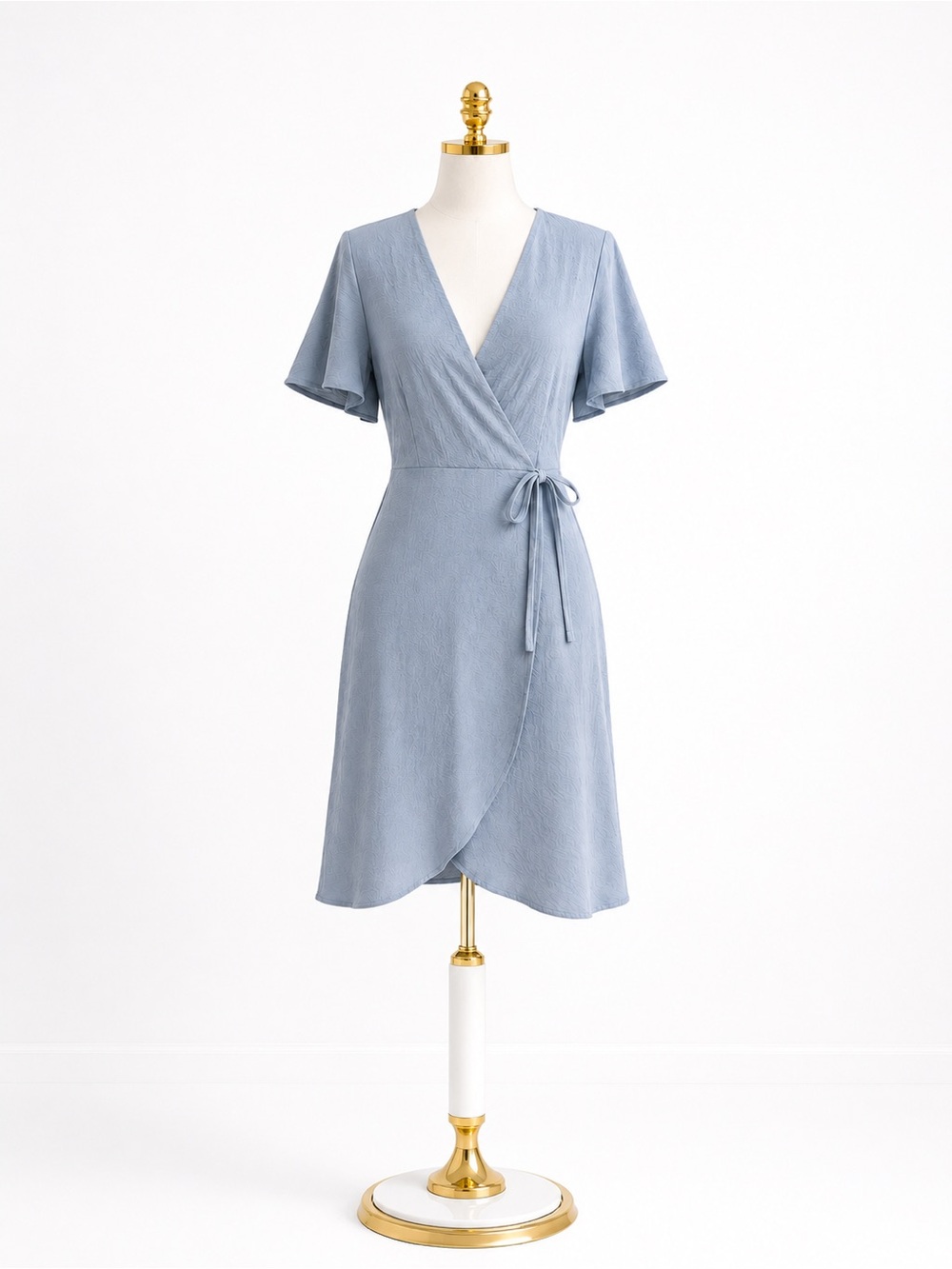 Soft Blue Wrap Midi Dress with Flutter Sleeves